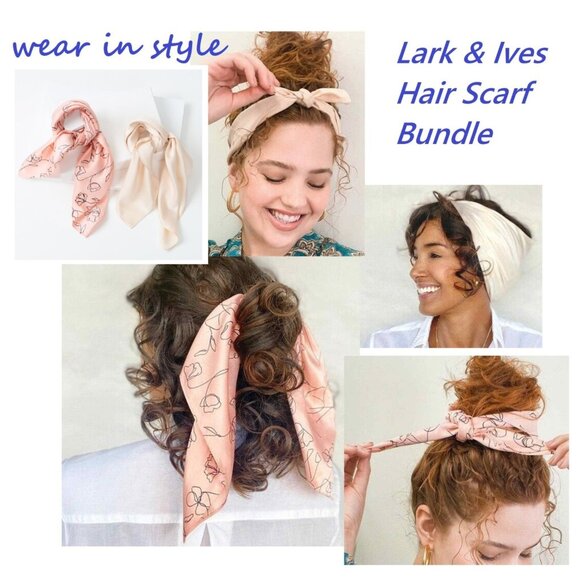 Lark & Ives Minimalist Womens Hair Scarf Bundle Set of Two Pink and Cream 20x20” - Picture 2 of 15